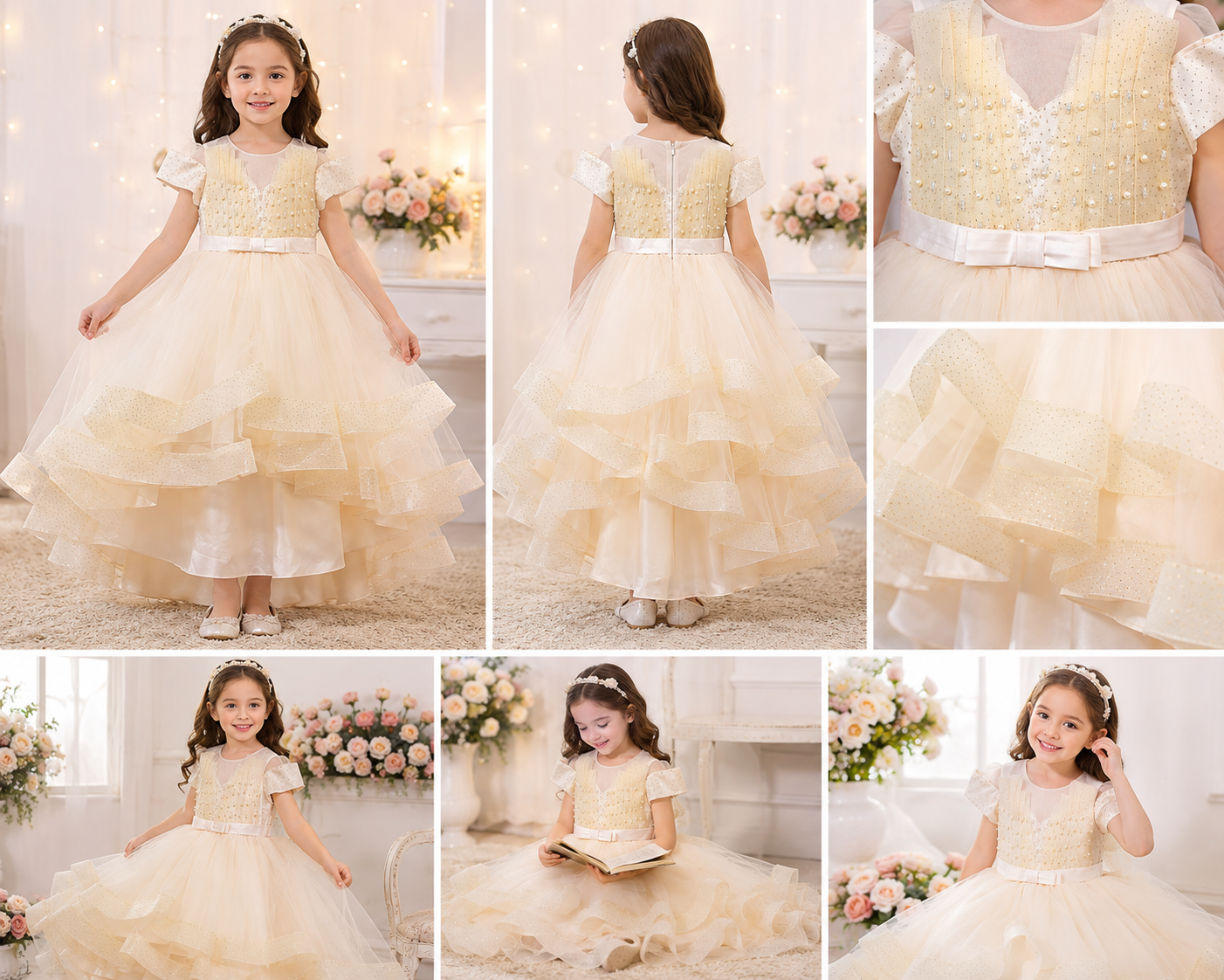 Imported Cream Pearl Tulle Party Frock for Girls
