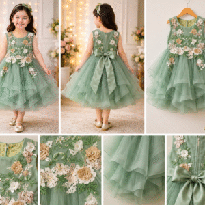 Imported Sage Green Floral Embroidered Tulle Party Frock for Girls