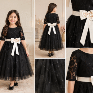 Imported Black Lace Sequin Party Frock with Bow for Girls