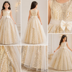 Imported Champagne Gold Sequin Tulle Party Frock for Girls